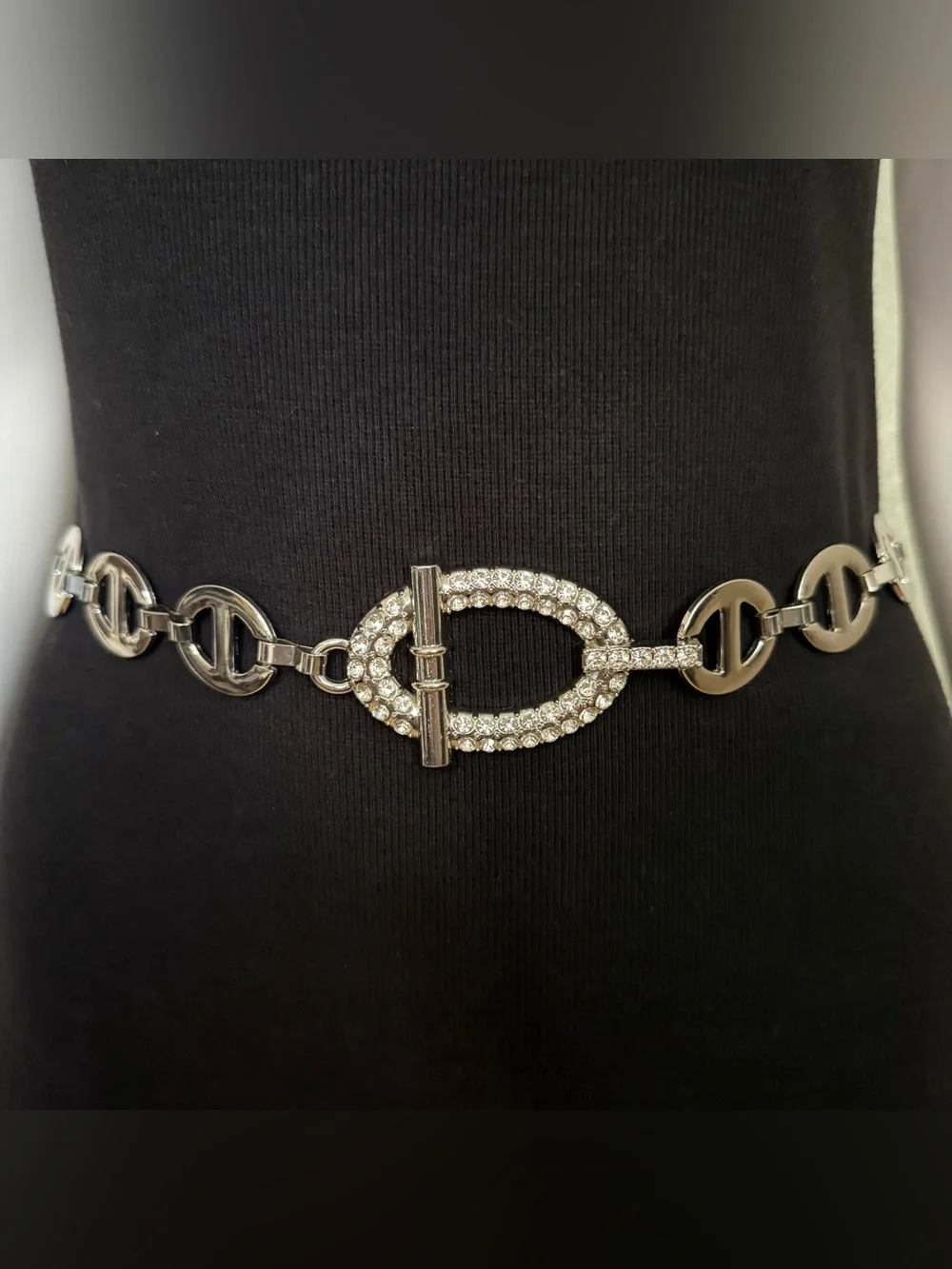 Silver tone metal chain belt with rhinestone details
